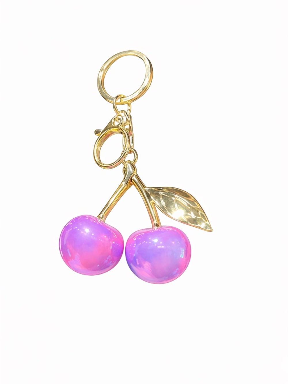 Gold Cherry Keychain with Iridescent Pink Cherries